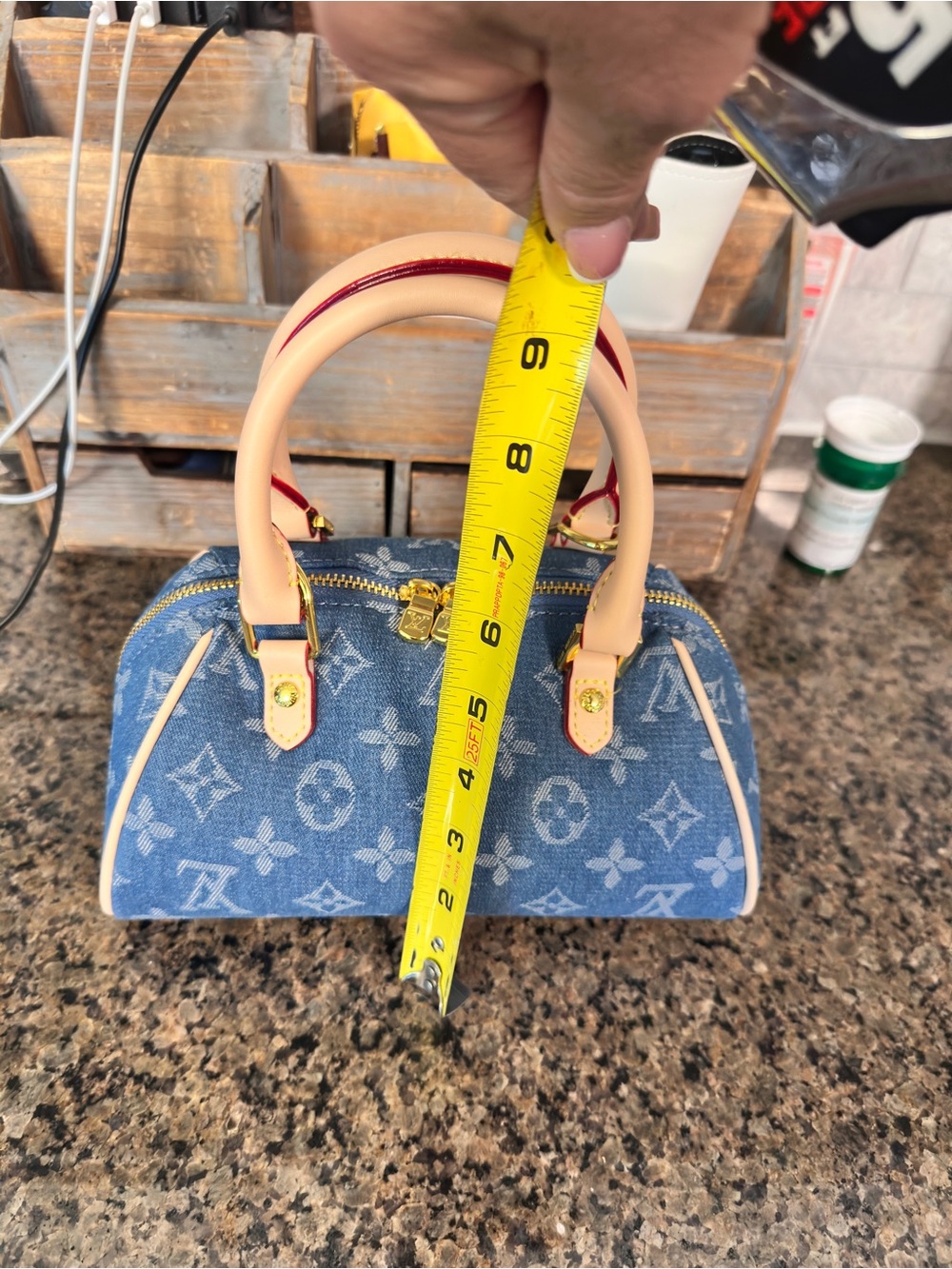 Lux inspired Nano Speedy bag is blue monogram denim. - Picture 15 of 16